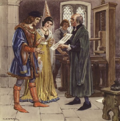 William Caxton toont een gedrukt blad aan Edward IV en zijn koningin door Richard Henry Brock